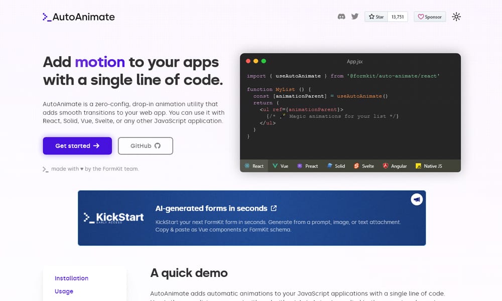 Auto Animate library showing automatic list reordering and element add/remove animations