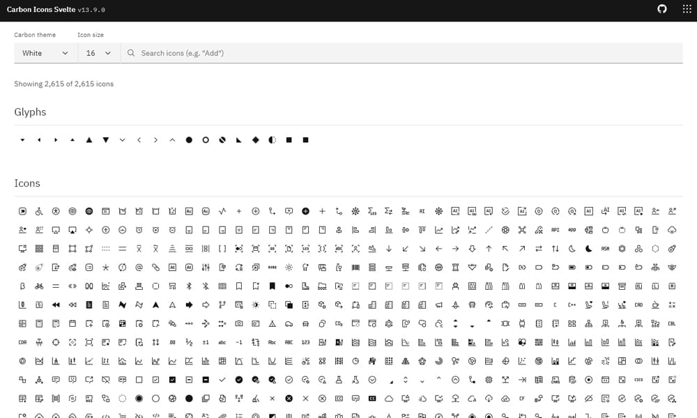 Carbon Icons Svelte showing IBM Carbon design system icon library with search interface