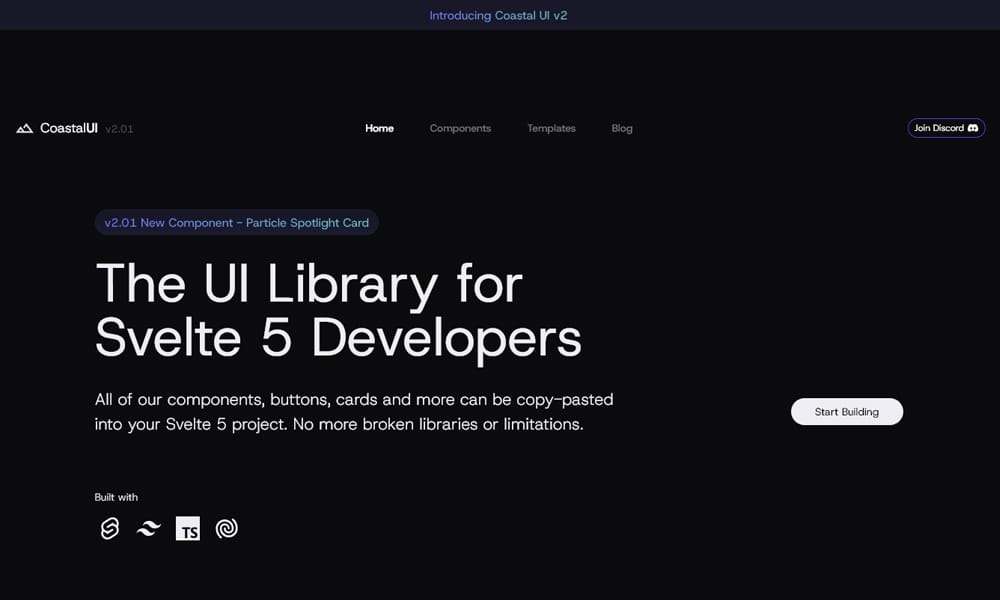 Coastal UI Svelte component library showing clean light-themed components