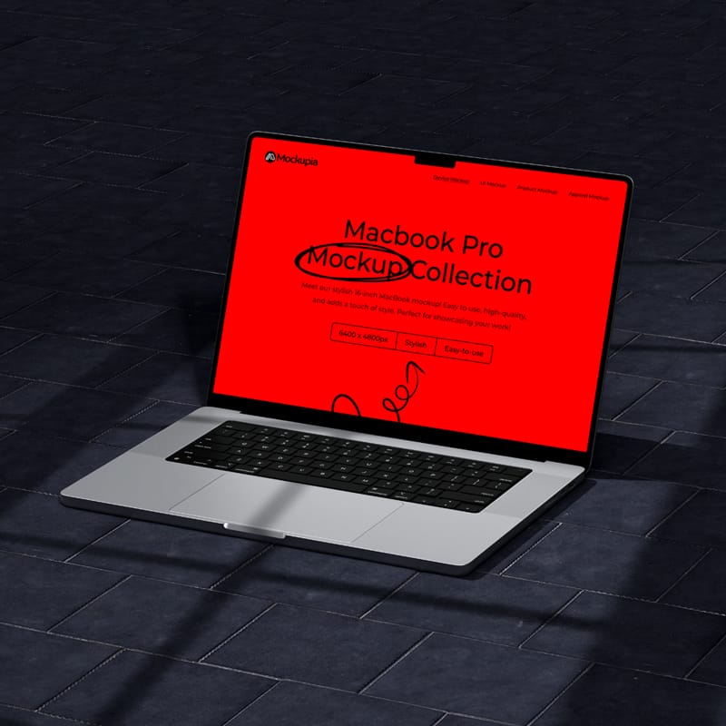 Dark Urban MacBook Pro Mockup on Tiled Floor PSD