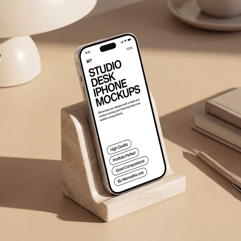 Desk iPhone on Stand Mockup PSD