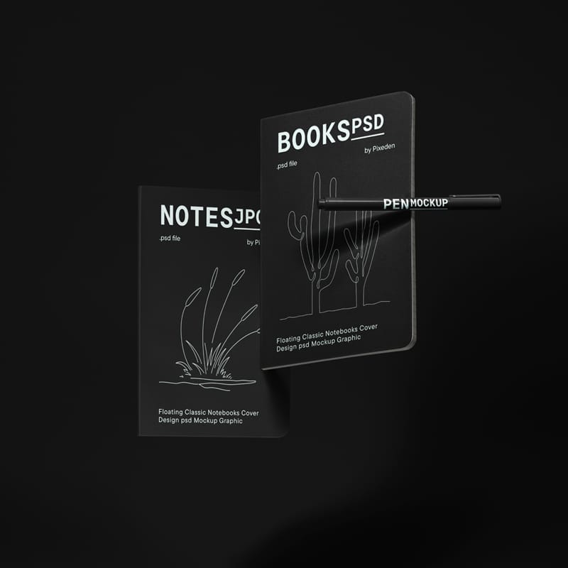 Floating Classic Notebooks Cover Design Mockup PSD