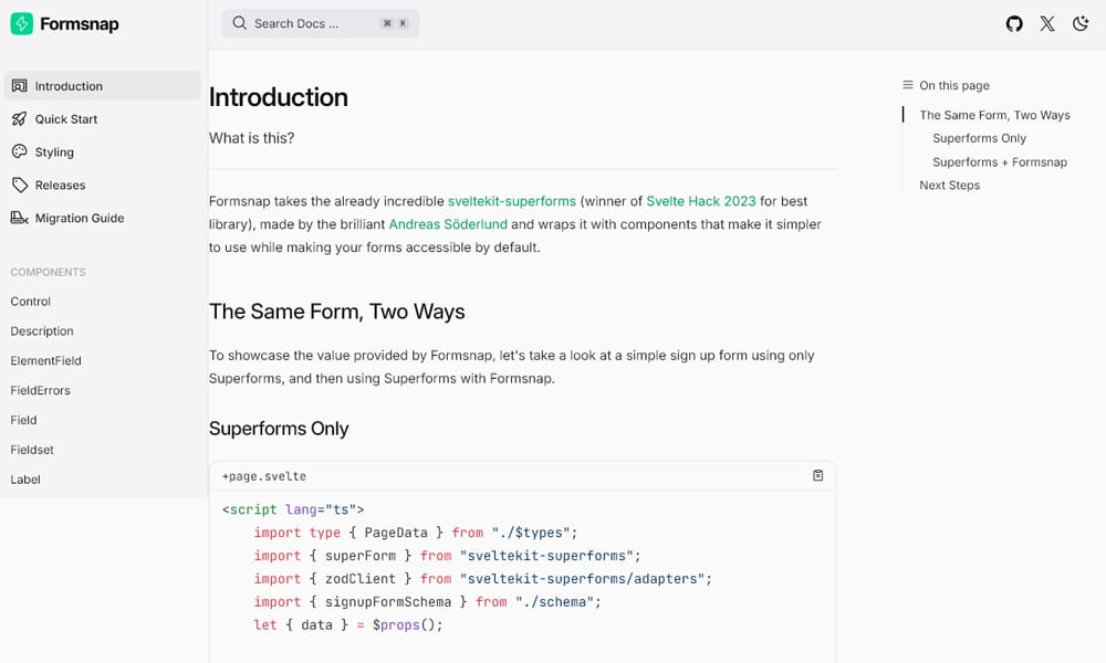 Formsnap Svelte form component library showing accessible form field components