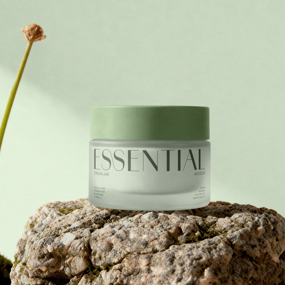 Free Cream Jar Mockup on Stone Surface PSD