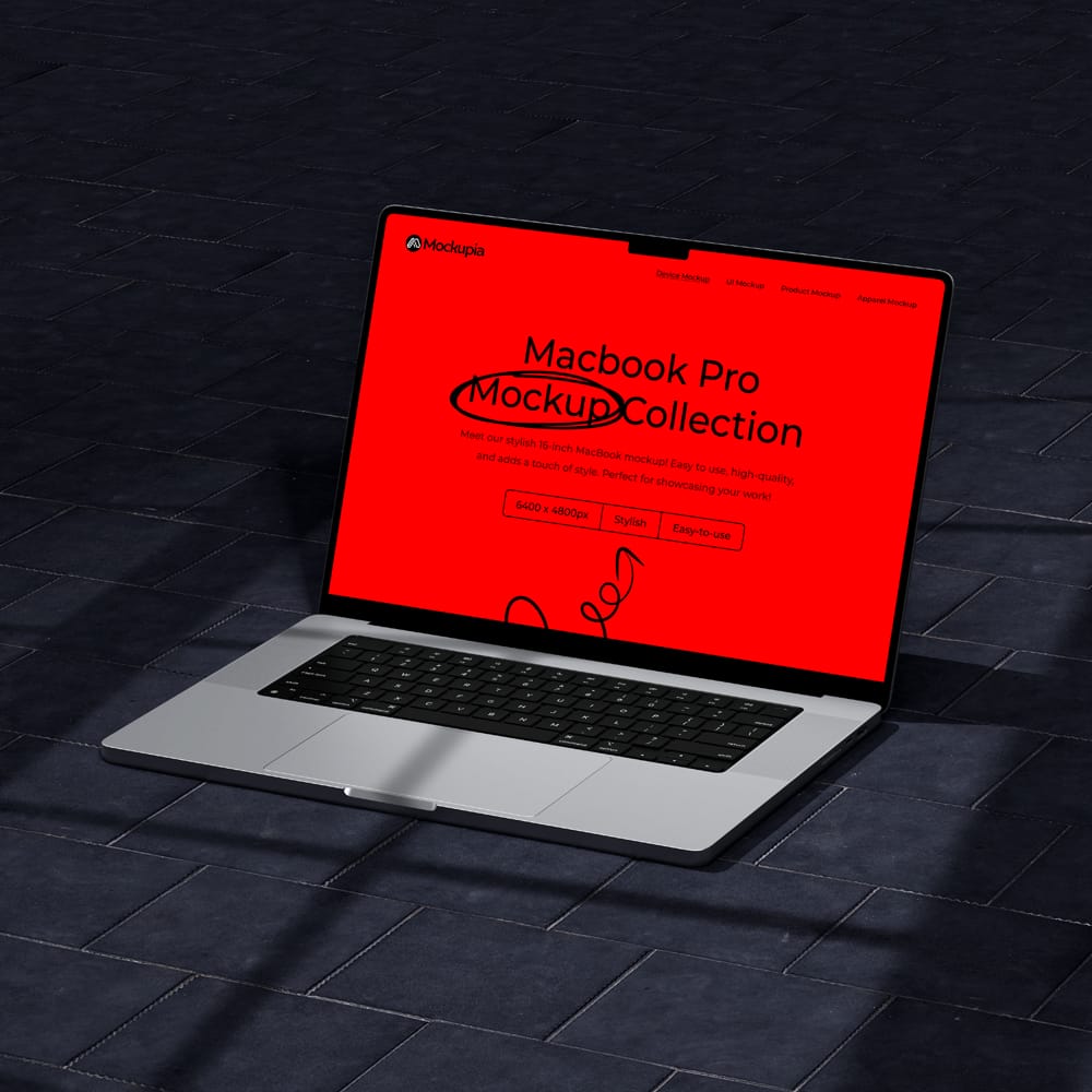 Free Dark Urban MacBook Pro Mockup on Tiled Floor PSD