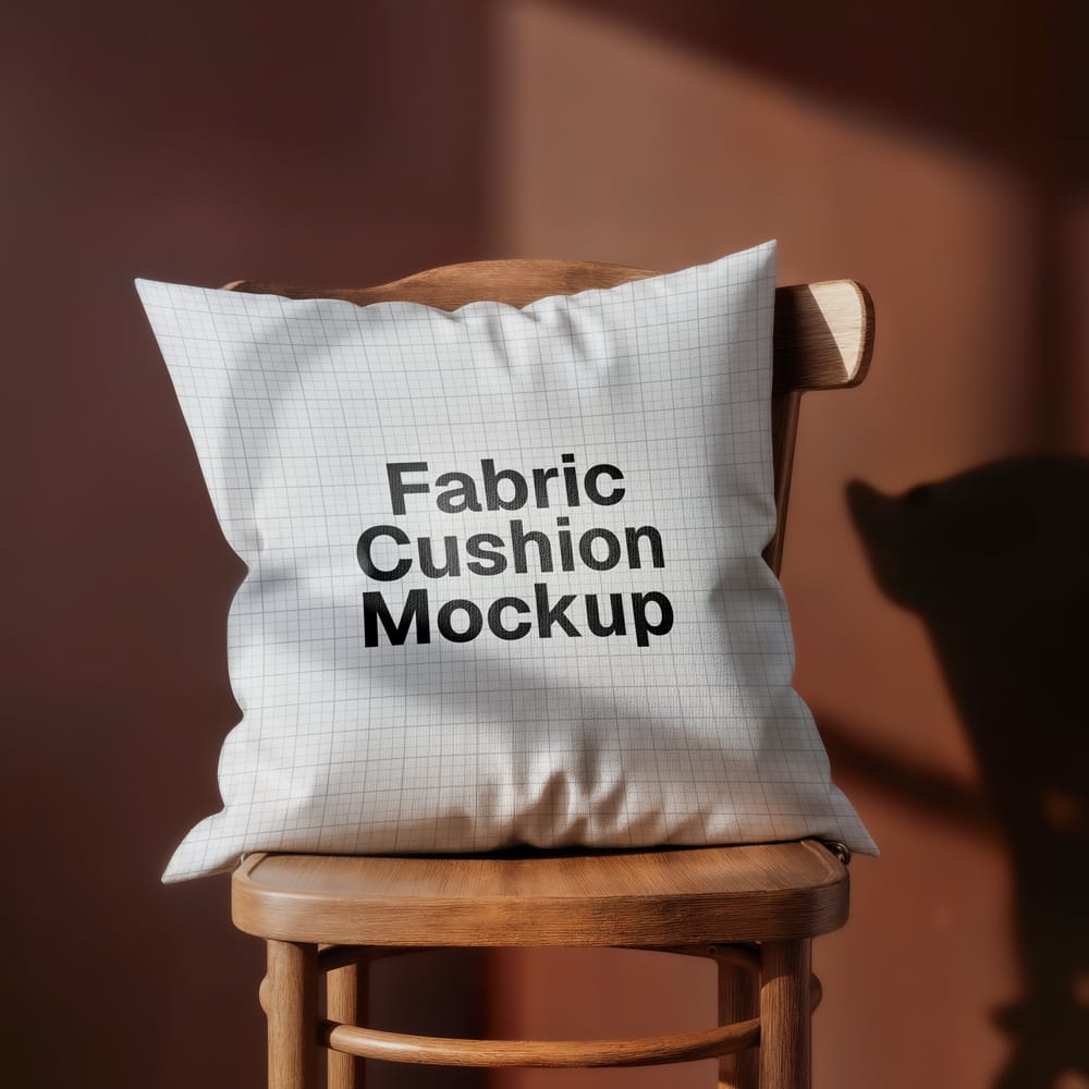 Free Fabric Cushion Mockup on Wooden Chair Interior Scene PSD