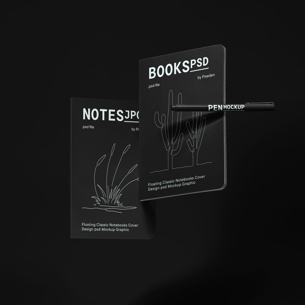 Free Floating Classic Notebooks Cover Design Mockup PSD