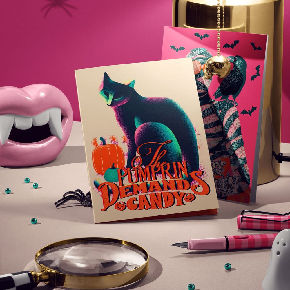 Free Halloween Greeting Card Desk Scene Mockup PSD