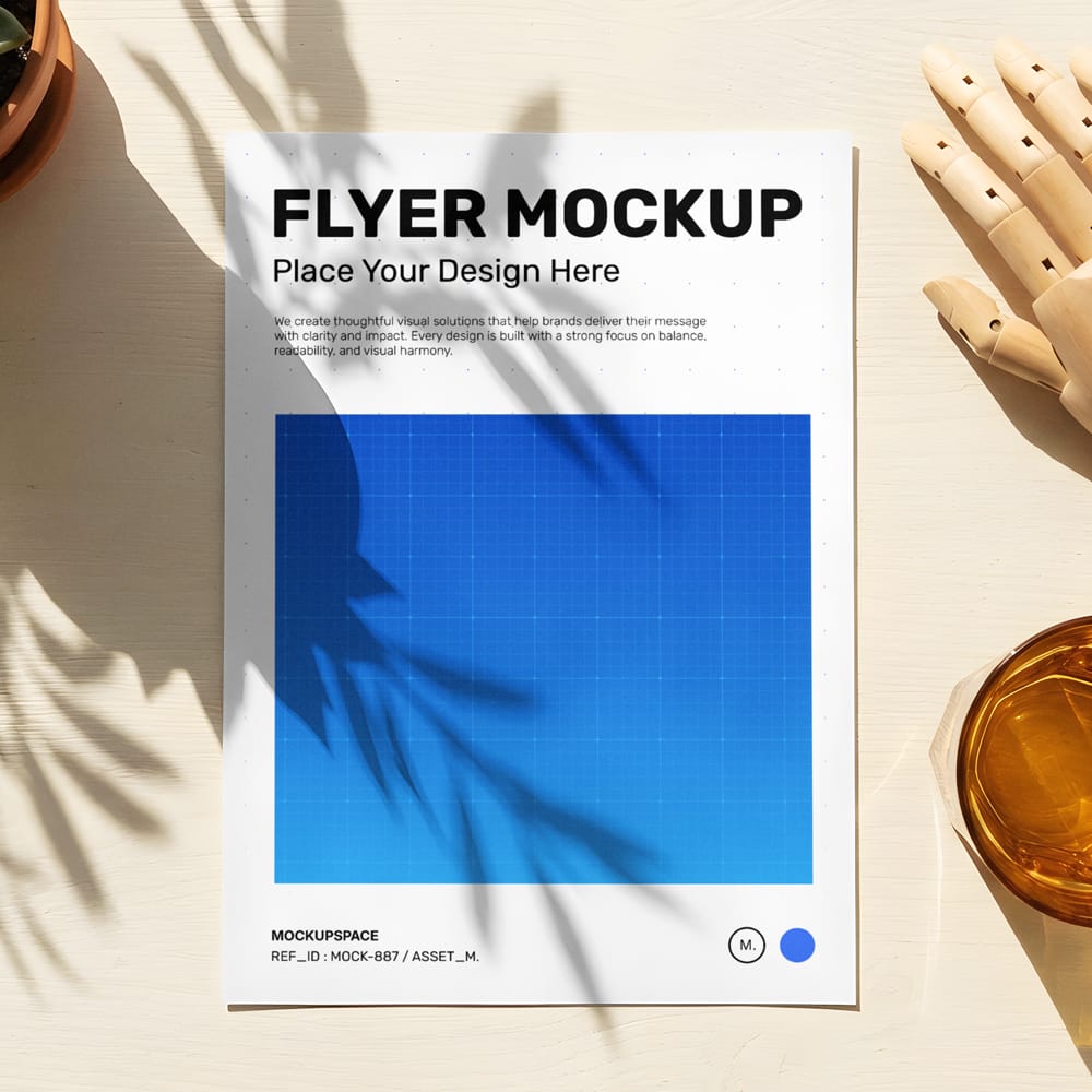 Free Minimalist Flyer Mockup with Leaf Shadows PSD