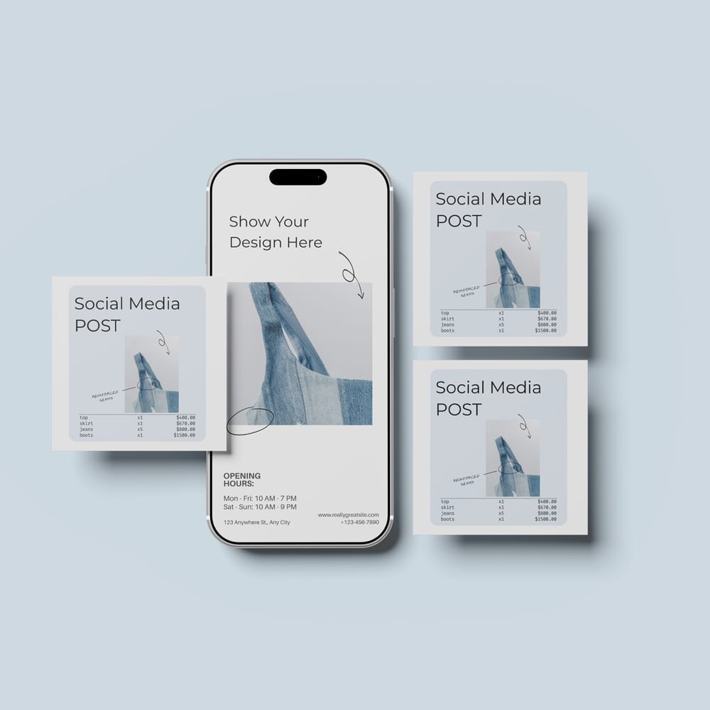 Free Minimalist Smartphone with Floating Instagram Post Mockup PSD