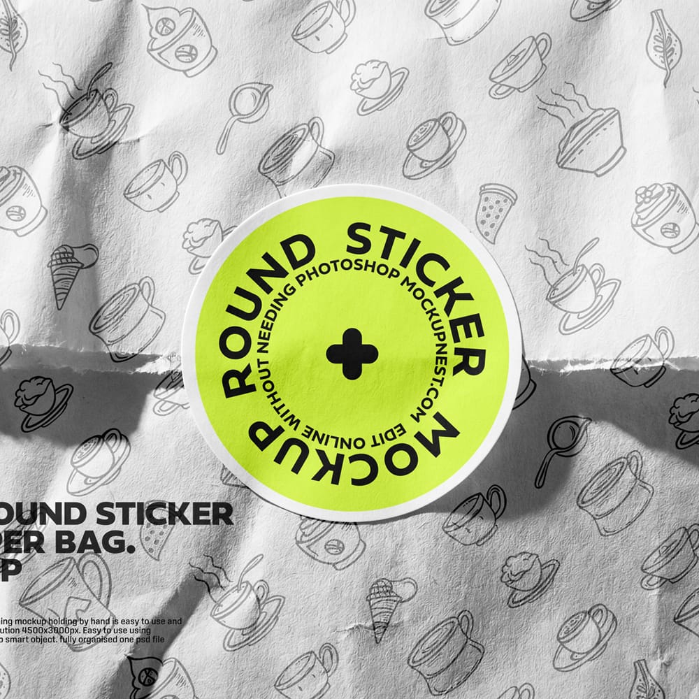 Free Round Sticker On Paper Bag Mockup PSD