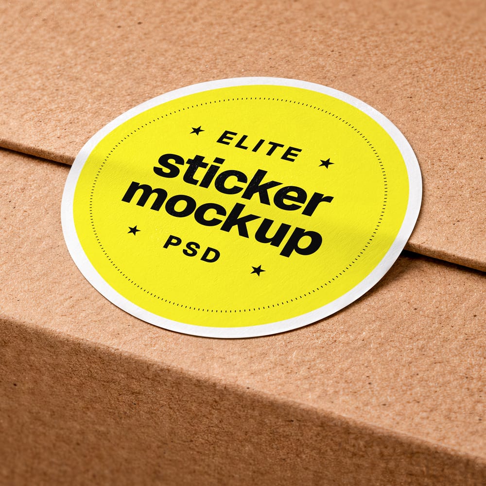 Free Round Sticker on Cardboard Box Mockup PSD