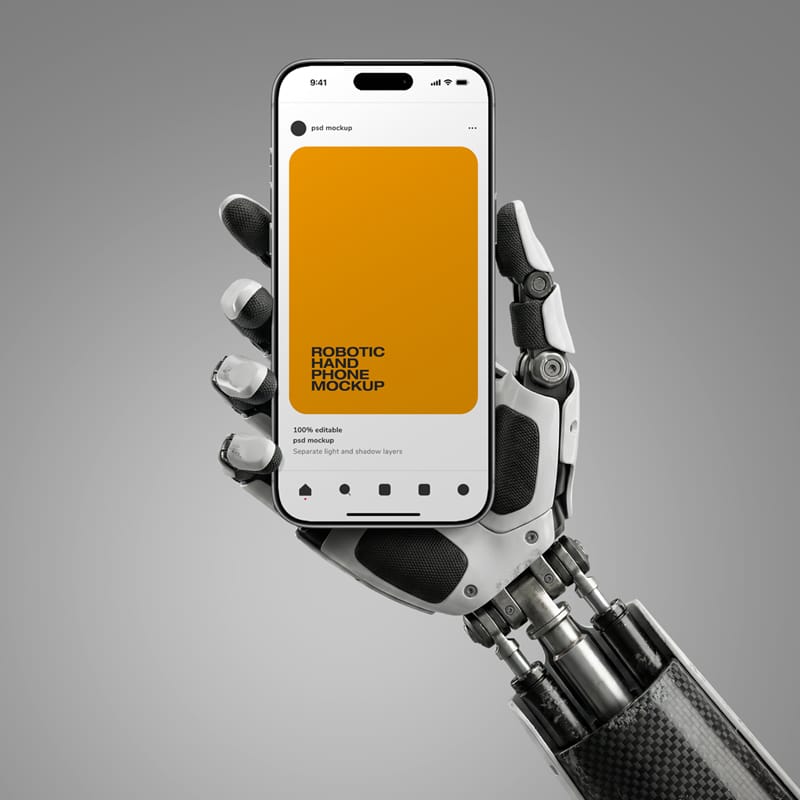 Futuristic iPhone Mockup Held by Robotic Cyborg Hand PSD
