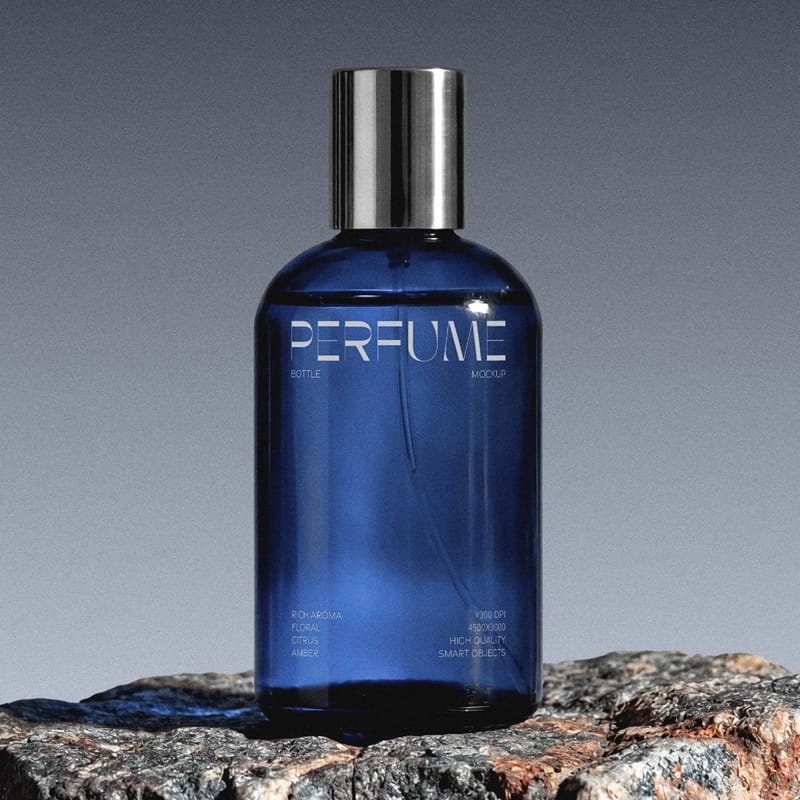 Glass Perfume Bottle Mockup on Stone Base PSD