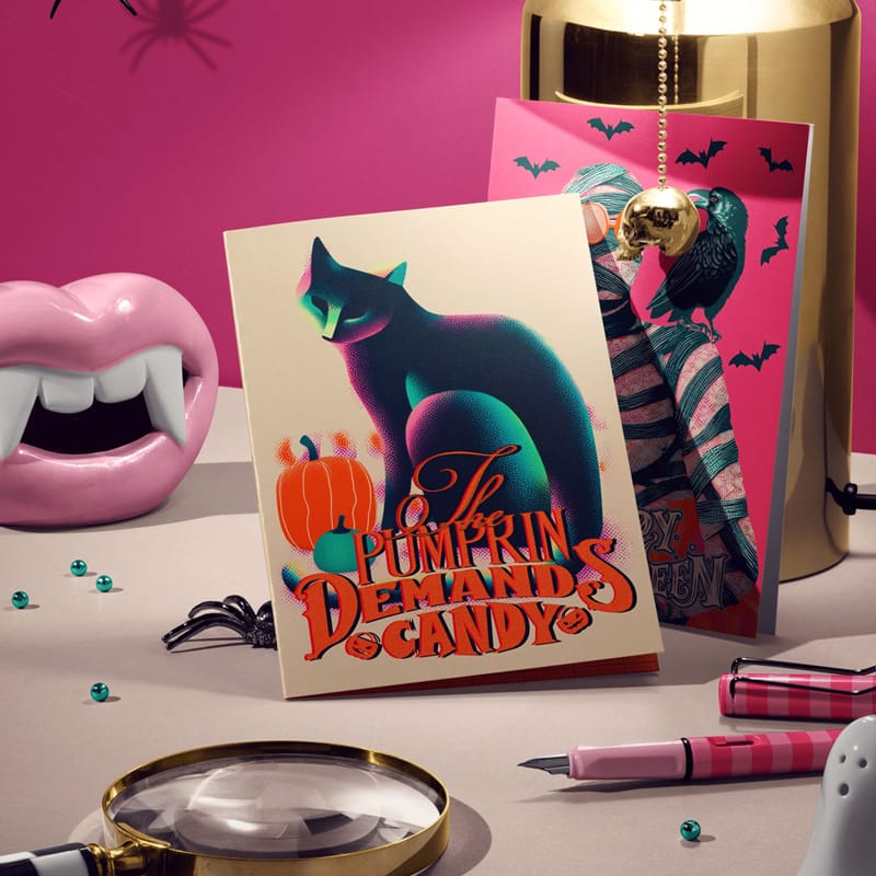 Halloween Greeting Card Desk Scene Mockup PSD