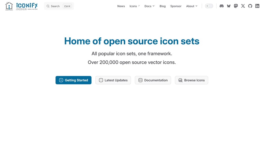 Iconify universal icon framework showing icon set browser with multiple icon library collections