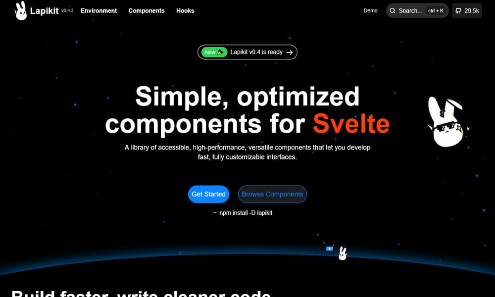Lapikit Svelte component library showing button and card component documentation