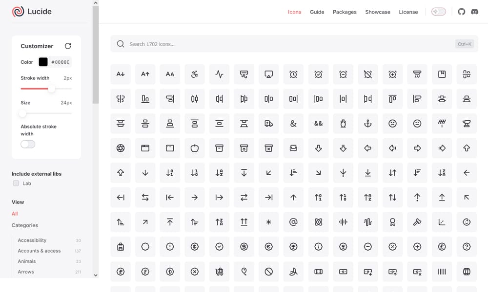 Lucide Icons library showing clean stroke-style icon set grid