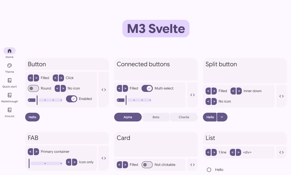 M3 Svelte Material Design 3 components showing dynamic color theming