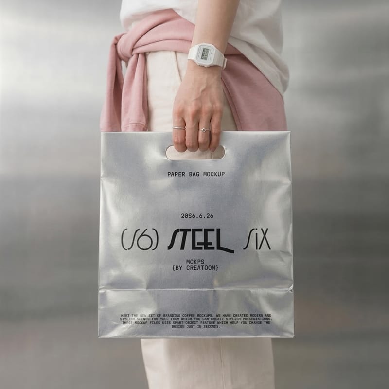 Metallic Paper Bag Mockup In Arm Front View PSD