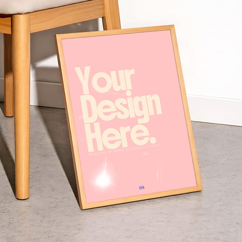 Oak Frame Mockup Leaning on Chair PSD