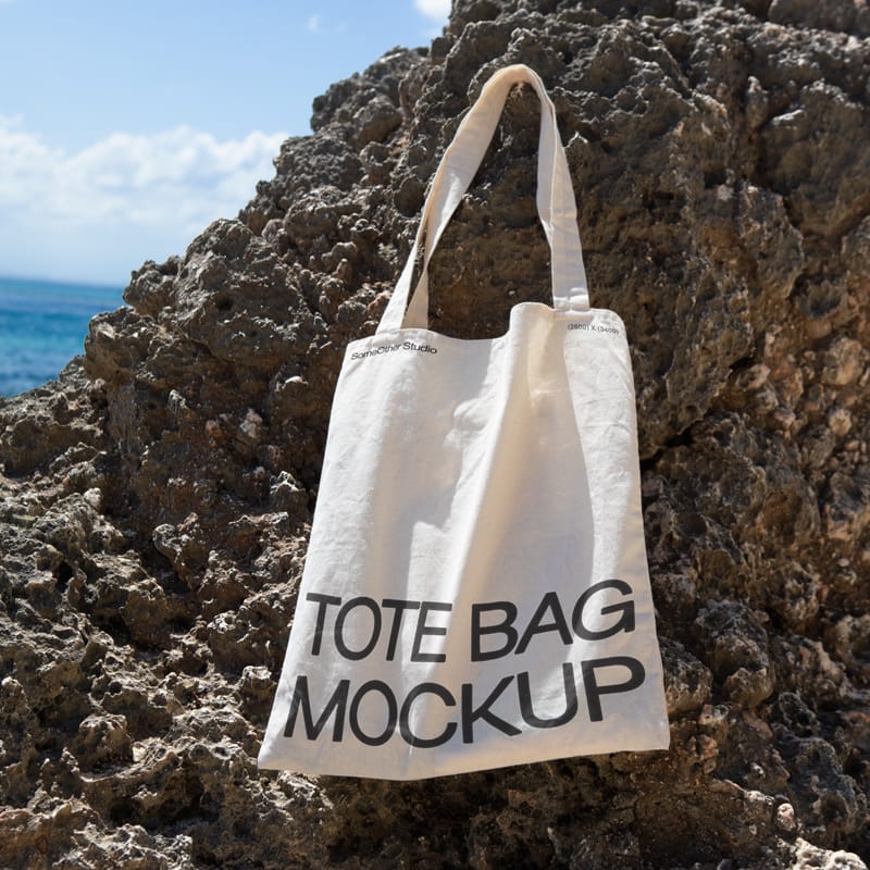 Realistic Beachfront Hanging Tote Bag Mockup PSD