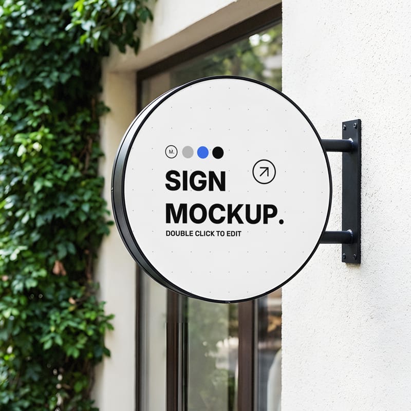Round Outdoor Wall Sign Mockup PSD