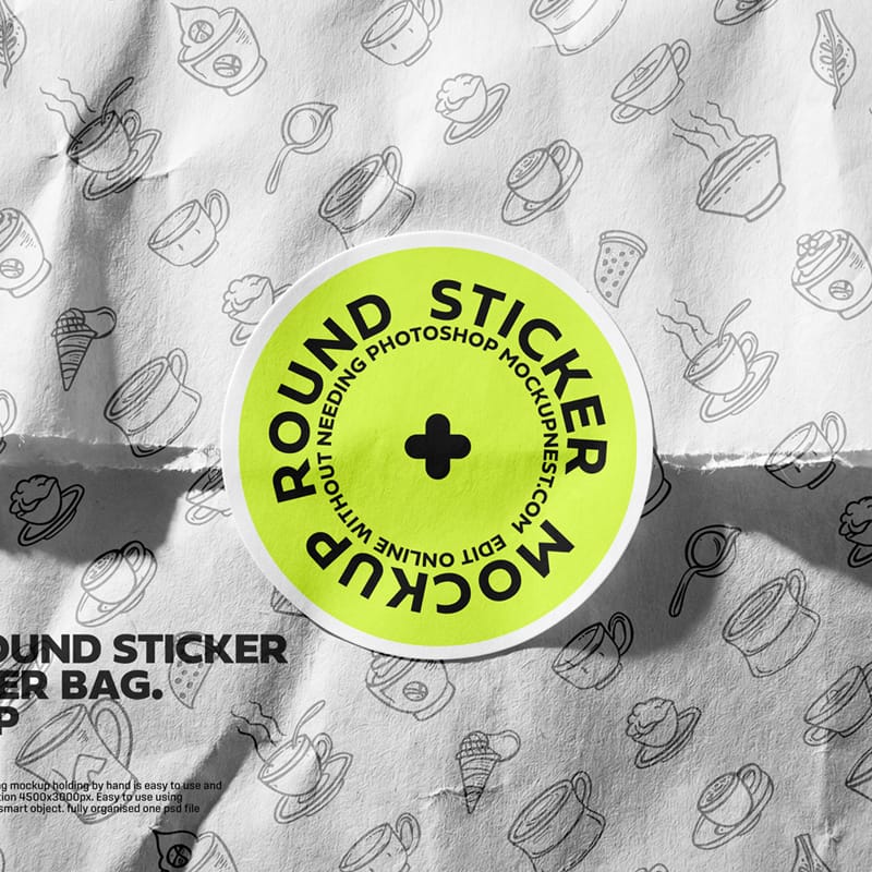 Round Sticker On Paper Bag Mockup PSD