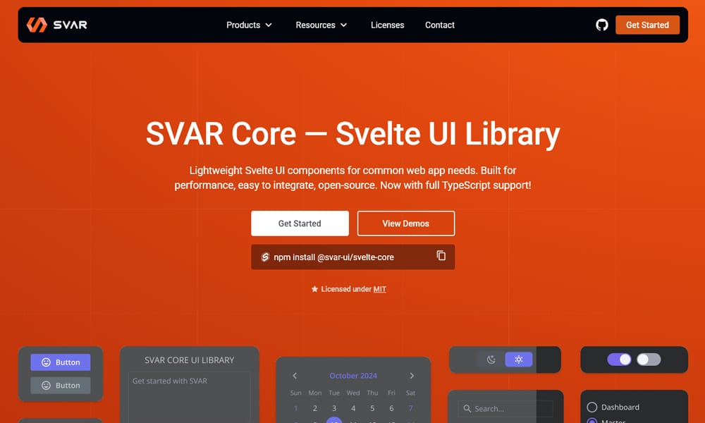 SVAR Svelte Core component library showing data grid and form components