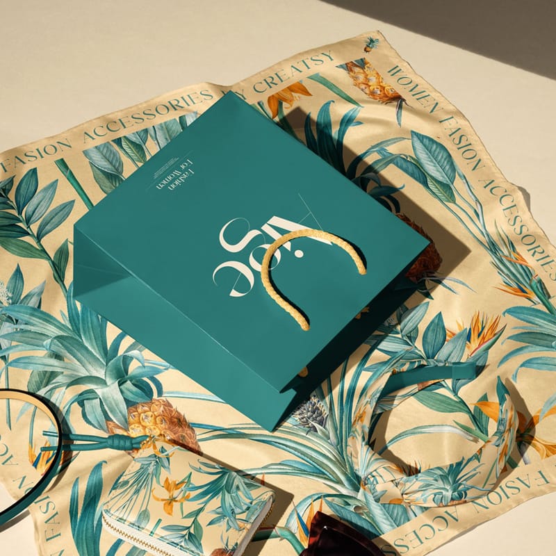 Silk Scarf Headband Leather Goods and Shopping Bag Mockup PSD