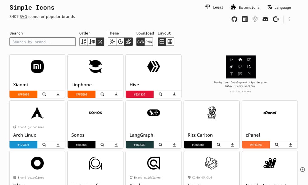 Simple Icons library showing brand logo icon collection including tech company logos