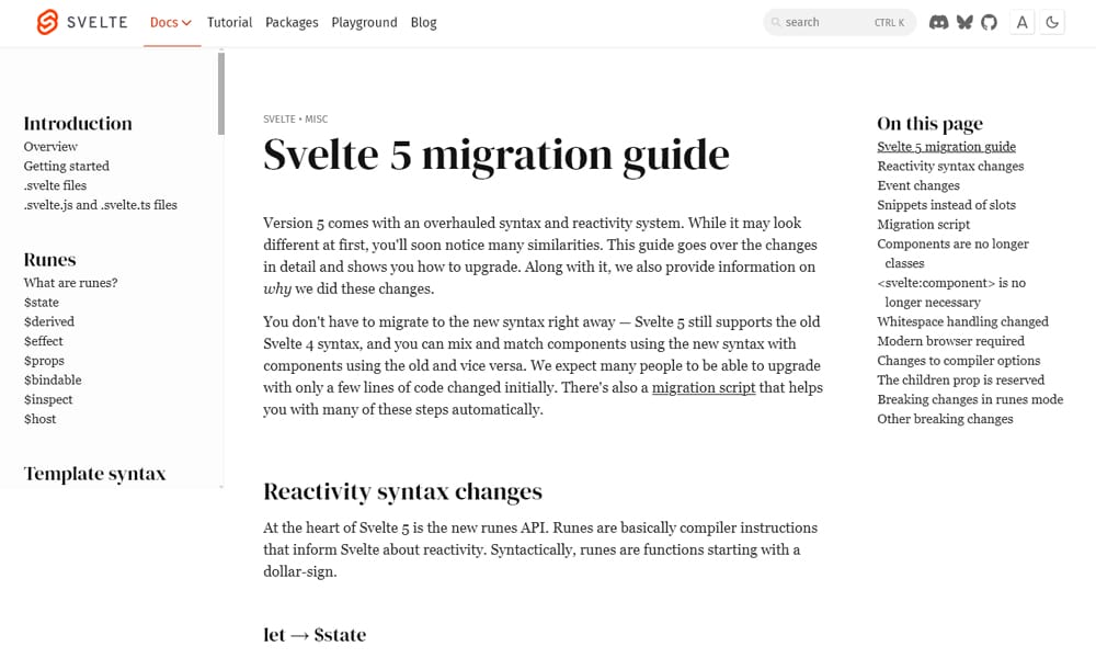 Svelte 5 migration guide documentation showing runes API changes from Svelte 4
