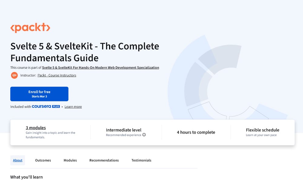 Svelte 5 SvelteKit Complete Fundamentals Guide Coursera course page showing curriculum overview
