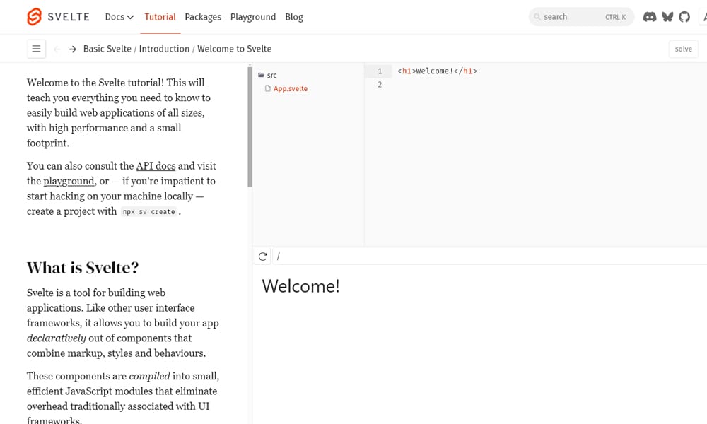 Official Svelte tutorial interactive learning environment showing code and preview panel