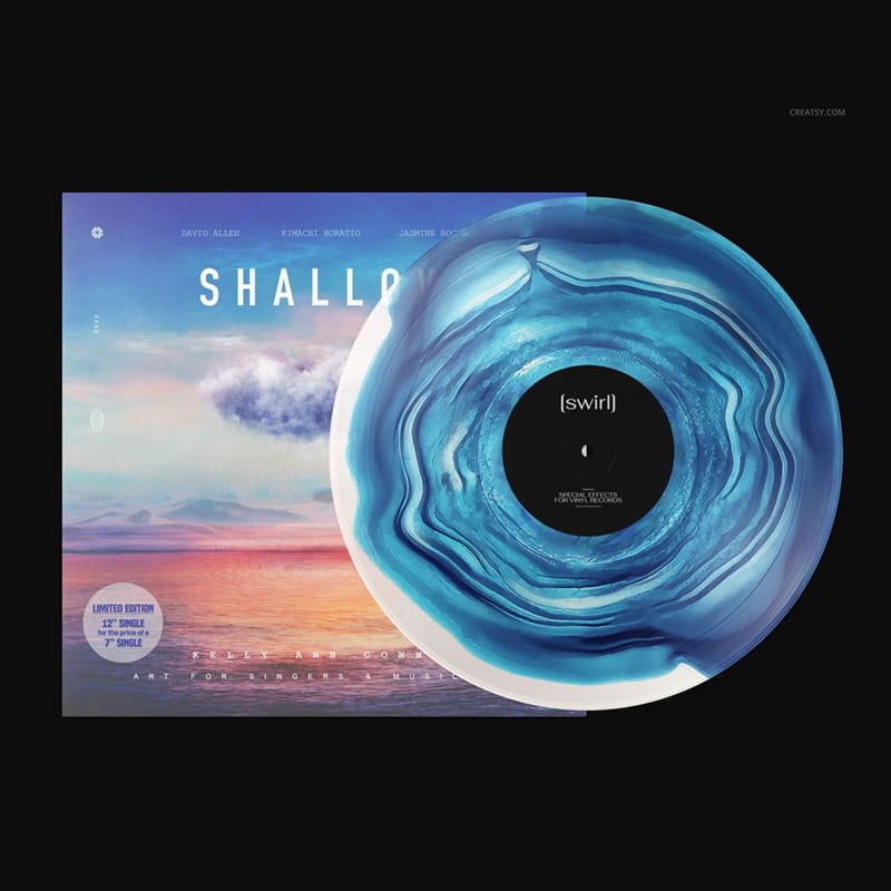 Swirl Effect Vinyl Record and Album Cover Mockup PSD