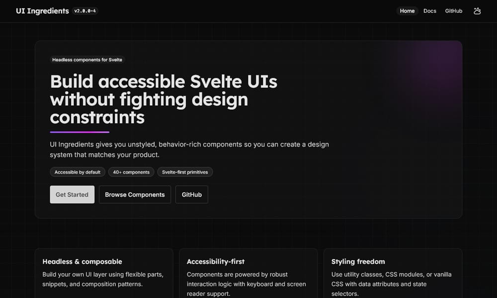 UI Ingredients Svelte component examples showing clean minimal interface