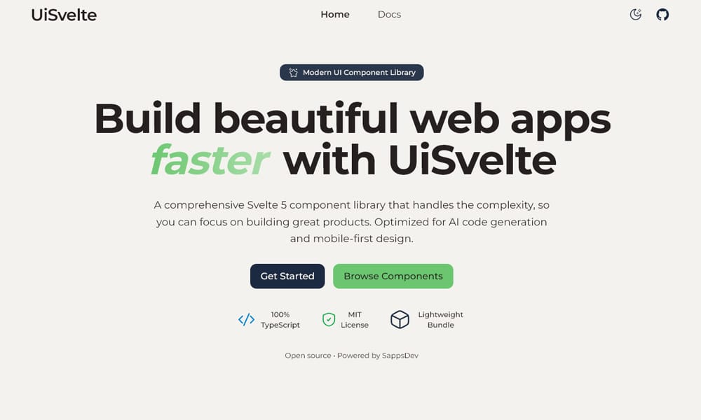 UiSvelte component library showing form and navigation components