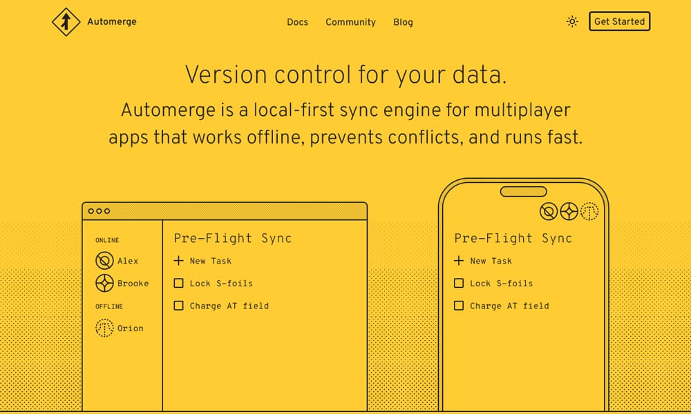 Automerge CRDT document showing automatic conflict resolution between offline edits