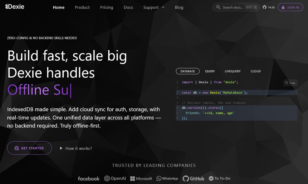 Dexie.js IndexedDB wrapper showing simple query and transaction API