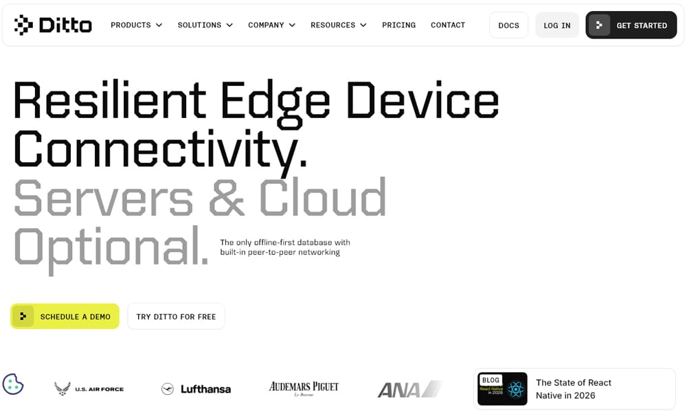 Ditto peer-to-peer sync showing offline device-to-device data sharing without a server