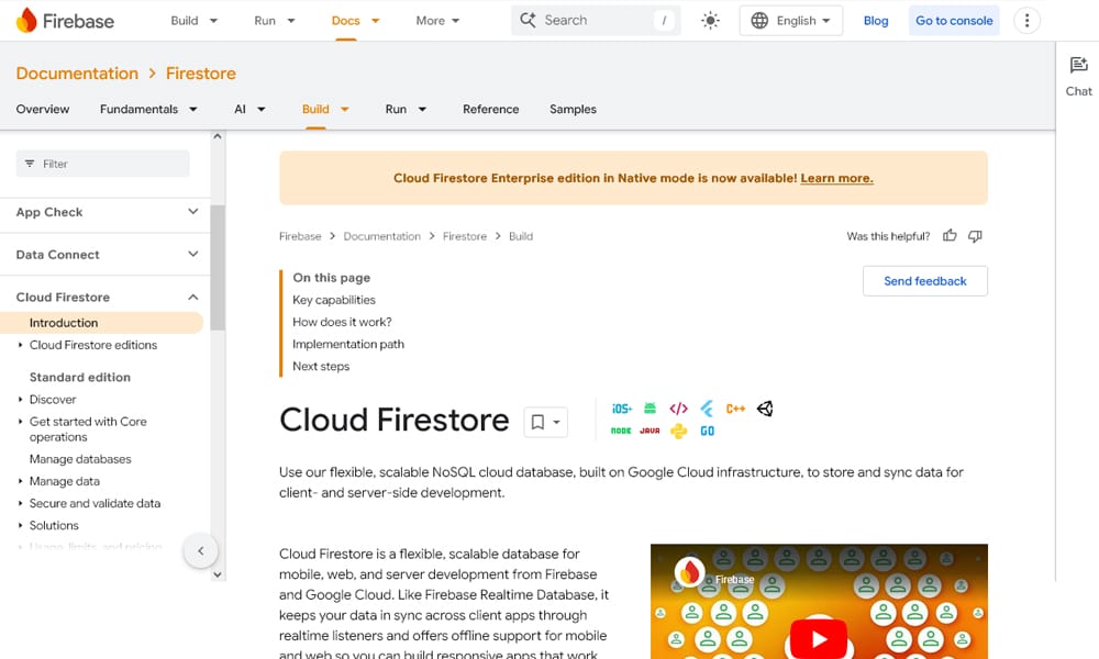Firebase Firestore console showing real-time document database with offline persistence enabled