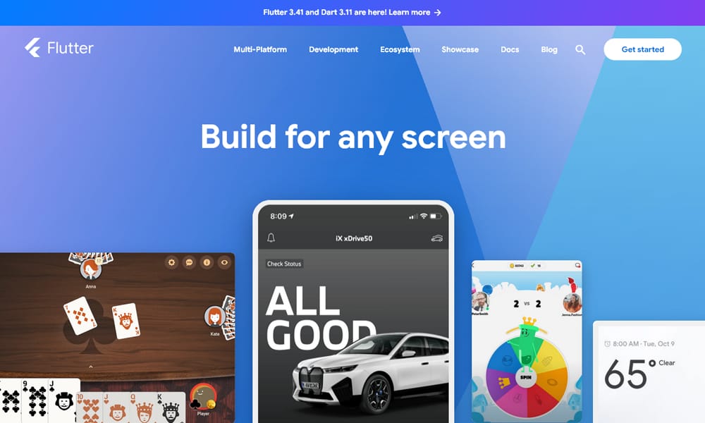 Flutter development environment showing Dart code and cross-platform UI preview