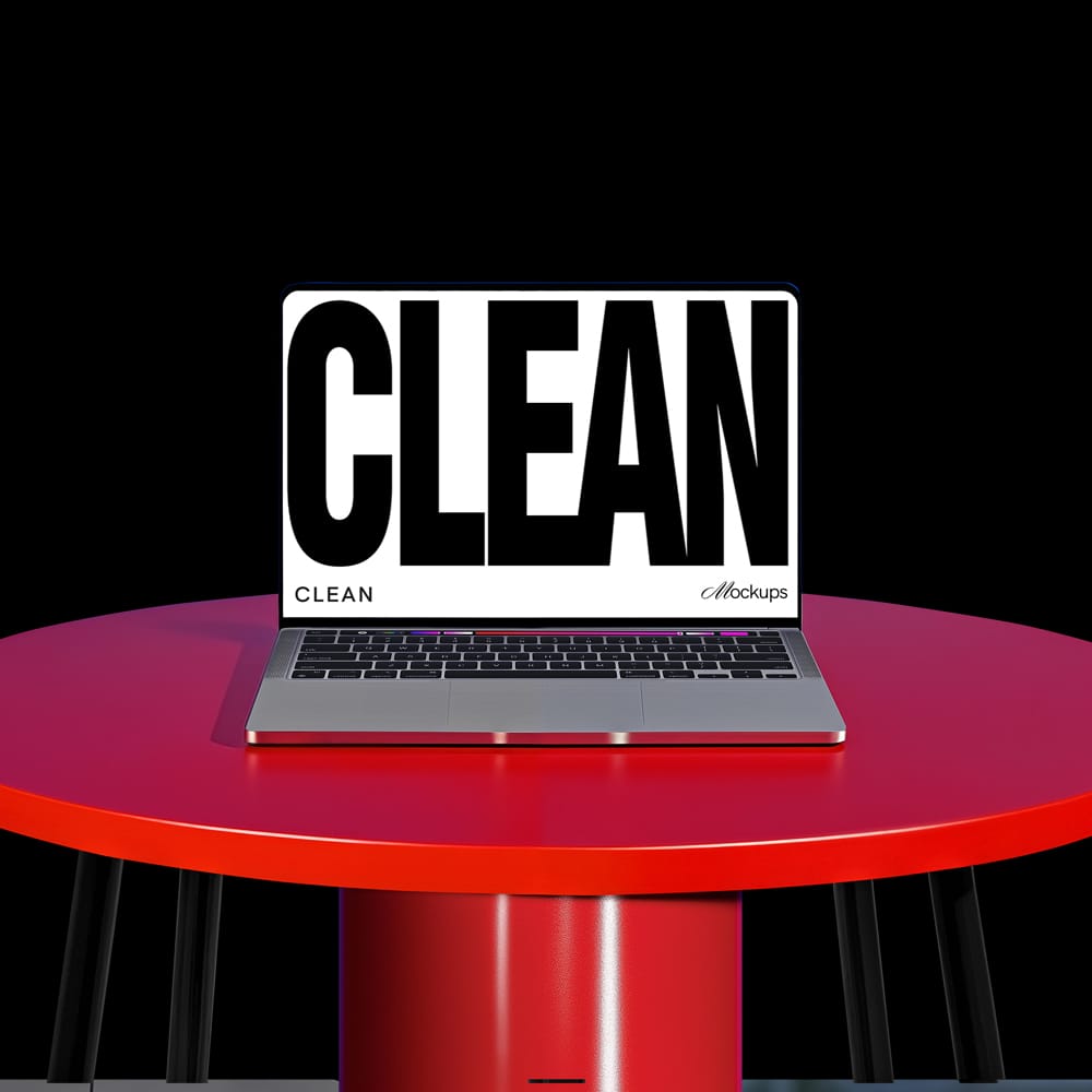 Free Animated MacBook Pro Mockup on Red Pedestal PSD