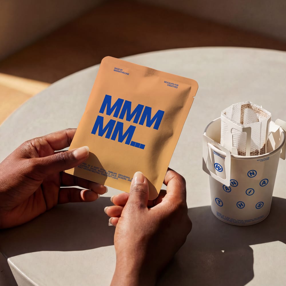 Free Drip Coffee Bag in Hand Mockup PSD