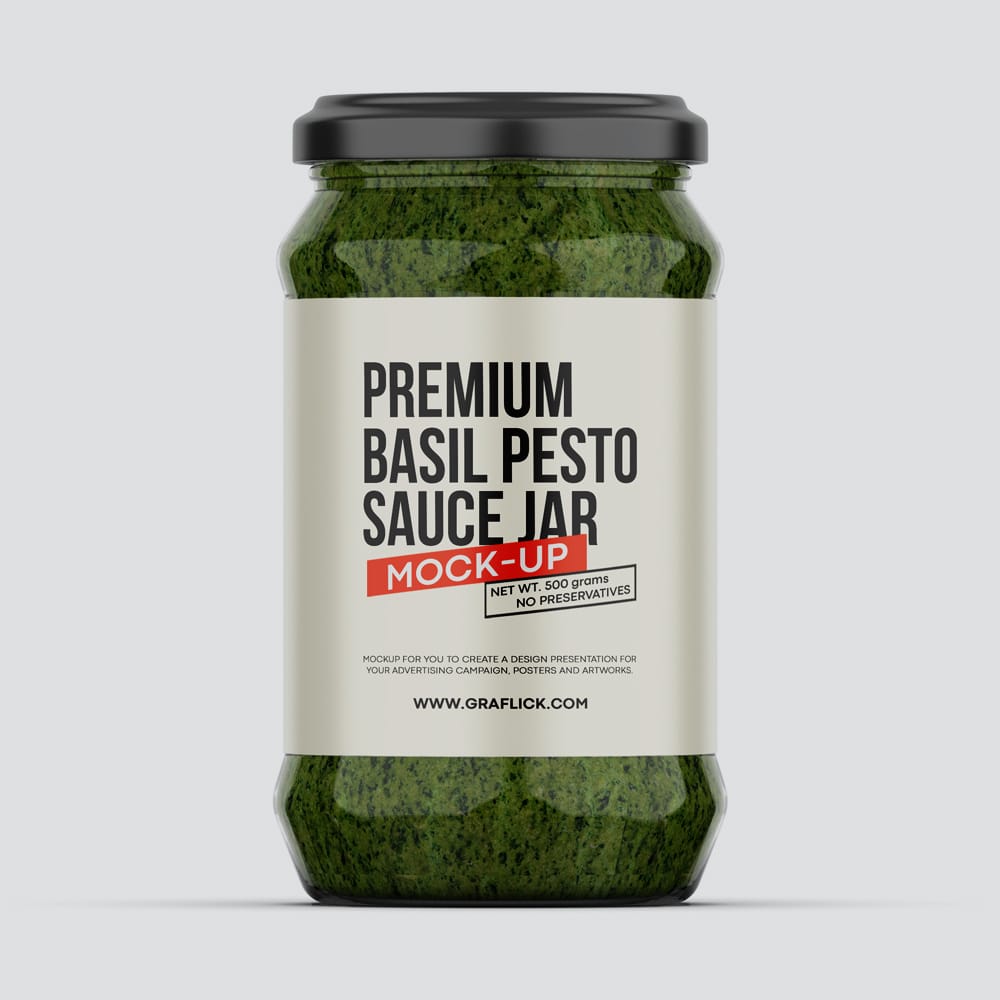 Free Glass Jar With Basil Pesto Sauce Mockup PSD