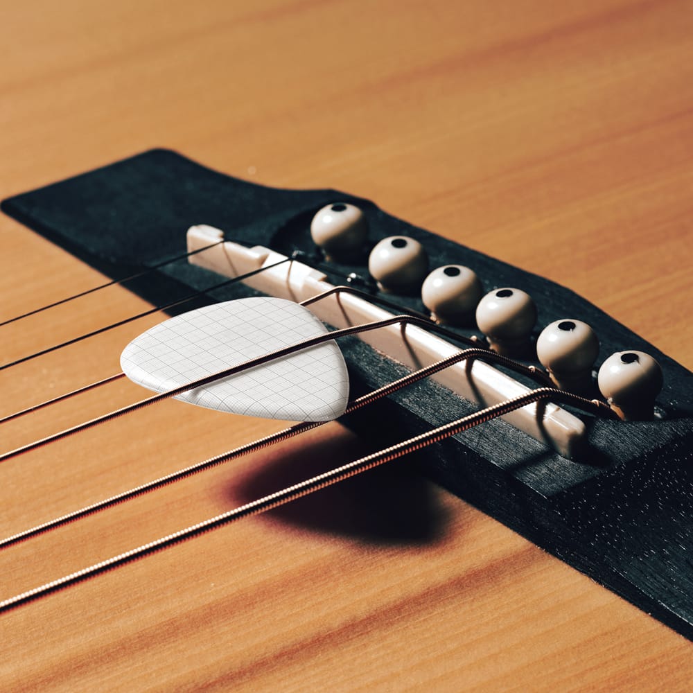 Free Guitar Pick on Acoustic Bridge Closeup Music Branding Mockup PSD