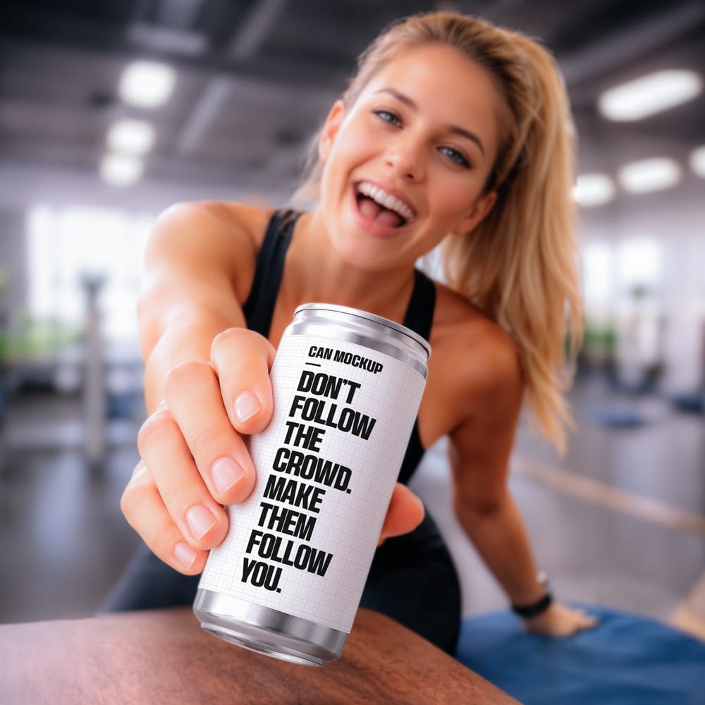 Free Gym Woman Holding Slim Can Mockup PSD