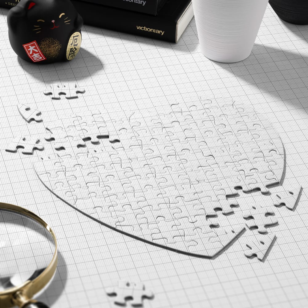 Free Heart Jigsaw Puzzle Desk Scene Mockup PSD