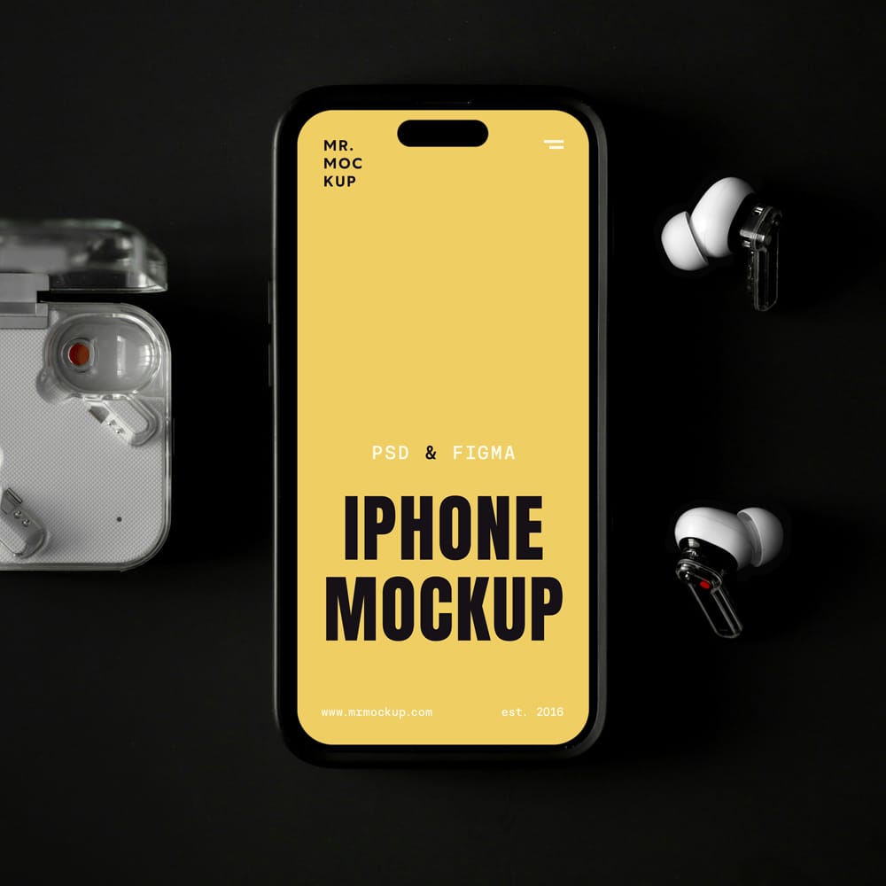 Free Laying iPhone with Accessories Mockup PSD