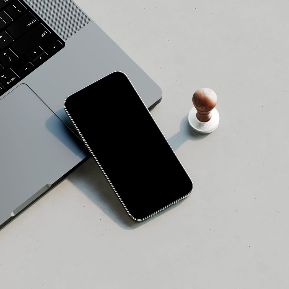 Free Minimal iPhone 17 Mockup with Laptop PSD